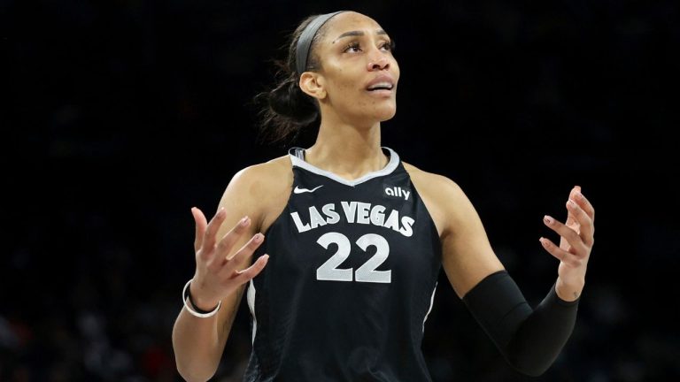 Las Vegas Aces centre A'ja Wilson reacts after her team is called for a foul during the second half of a WNBA Semifinal basketball game against the New York Liberty, Sunday, Oct. 6, 2024, in Las Vegas. (Ian Maule/AP Photo)