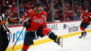 Washington Capitals left wing Alex Ovechkin celebrates his second goal of the game during the first period of an NHL hockey game against the New York Rangers, Tuesday, Oct. 29, 2024, in Washington. (Nick Wass/AP)