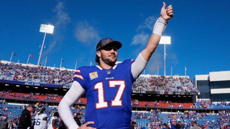 Buffalo Bills quarterback Josh Allen (17) celebrates the team's win after an NFL football game against the Tennessee Titans, Sunday, Oct. 20, 2024, in Orchard Park, N.Y. (Charles Krupa/AP Photo)