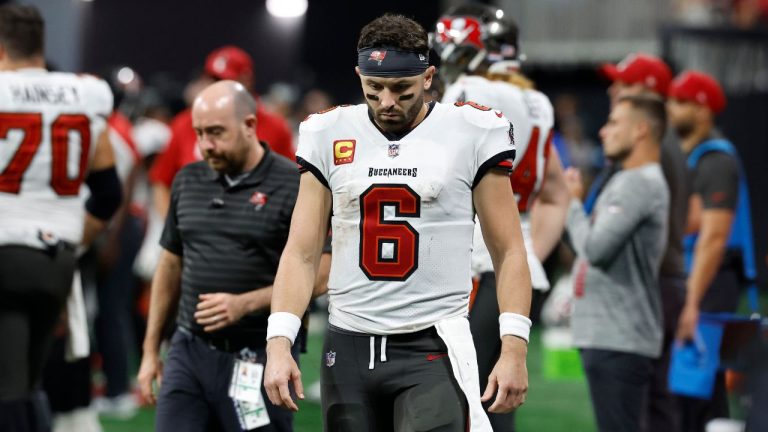 Tampa Bay Buccaneers quarterback Baker Mayfield walks off after the team lost to the Atlanta Falcons during overtime in an NFL football game Thursday, Oct. 3, 2024, in Atlanta. (Butch Dill/AP Photo)