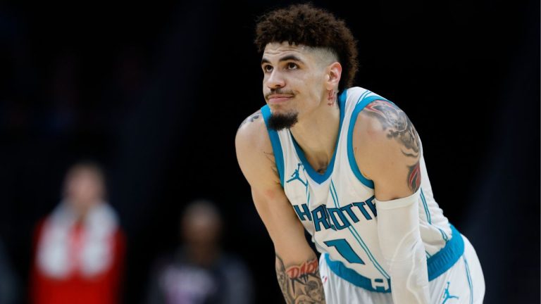 Charlotte Hornets guard LaMelo Ball stands on the court during the second half of an NBA basketball game against the Toronto Raptors in Charlotte, N.C., Wednesday, Oct. 30, 2024. (Nell Redmond/AP Photo)