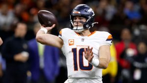 Denver Broncos quarterback Bo Nix throws a pass during the first half of an NFL football game against the New Orleans Saints, Thursday, Oct. 17, 2024, in New Orleans. (Butch Dill/AP Photo)