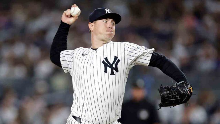 New York Yankees relief pitcher Mark Leiter Jr. (38) throws during the sixth inning of a baseball game against the Boston Red Sox Friday, Sept. 13, 2024, in New York. (Adam Hunger/AP)