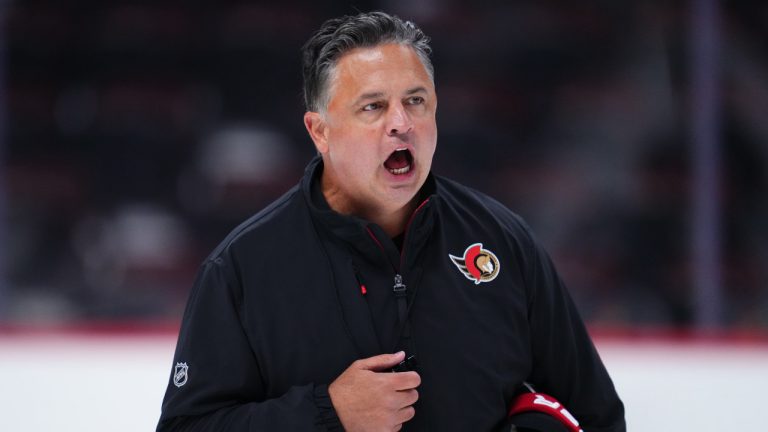 Ottawa Senators head coach Travis Green yells instructions to his players during training camp in Ottawa on Thursday, Sept. 19, 2024. (Sean Kilpatrick/CP)