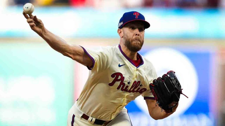 Philadelphia Phillies' Zack Wheeler pitches during the fifth inning of Game 1 of a baseball NL Division Series against the New York Mets, Saturday, Oct. 5, 2024, in Philadelphia. (Chris Szagola/AP)