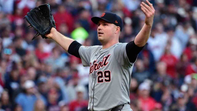 Detroit Tigers starting pitcher Tarik Skubal gestures after a double play ends the sixth inning during Game 2 of baseball's AL Division Series against the Cleveland Guardians, Monday, Oct. 7, 2024, in Cleveland. (Phil Long/AP)