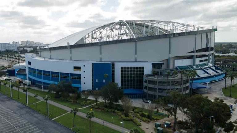 The roof of the Tropicana Field is damaged the morning after Hurricane Milton hit the region, Thursday, Oct. 10, 2024, in St. Petersburg, Fla. (Julio Cortez/AP)