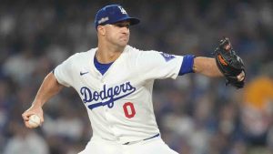 Los Angeles Dodgers pitcher Jack Flaherty throws during the seventh inning in Game 1 of a baseball NL Championship Series against the New York Mets, Sunday, Oct. 13, 2024, in Los Angeles. (Ashley Landis/AP)