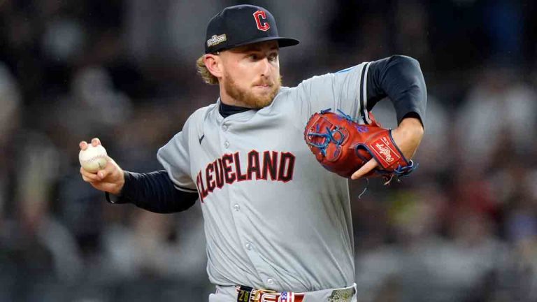 Cleveland Guardians starting pitcher Tanner Bibee throws against the New York Yankees during the first inning in Game 2 of the baseball AL Championship Series Tuesday, Oct. 15, 2024, in New York. (Frank Franklin II/AP)