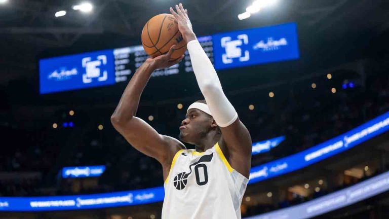 Utah Jazz forward Taylor Hendricks (0) shoots in the second half of an NBA preseason basketball game against the Sacramento Kings, Tuesday, Oct. 15, 2024, in Salt Lake City. (Spenser Heaps/AP)