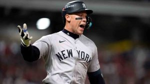 New York Yankees' Aaron Judge celebrates after hitting a two-run home run against the Cleveland Guardians during the eighth inning in Game 3 of the baseball AL Championship Series Thursday, Oct. 17, 2024, in Cleveland.(Godofredo Vásquez/AP)