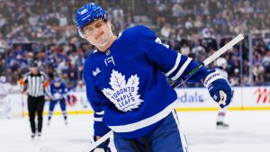 Toronto Maple Leafs right wing William Nylander (88) winks during a break in play in the third period of NHL hockey action against the New York Rangers in Toronto on Saturday, October 19, 2024. (Cole Burston/CP)