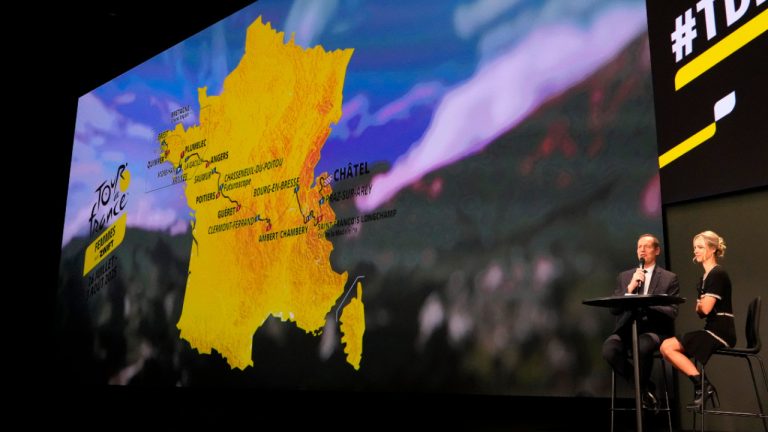 Tour de France director Christian Prudhomme and Women's Tour de France director Marion Rousse, right, unveil the 2025 Women's Tour de France cycling race roadmap, Tuesday, Oct. 29, 2024 in Paris. (Michel Euler/AP) 