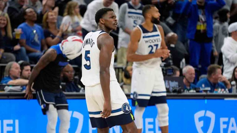 Minnesota Timberwolves guard Anthony Edwards (5) celebrates after making a 3-point shot during the first half of an NBA basketball game against the Dallas Mavericks, Tuesday, Oct. 29, 2024, in Minneapolis. (Abbie Parr/AP)