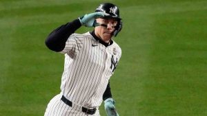 New York Yankees' Aaron Judge rounds the bases after a two-run home run against the Los Angeles Dodgers during the first inning in Game 5 of the baseball World Series, Wednesday, Oct. 30, 2024, in New York. (Frank Franklin II/AP)