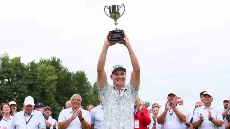 Matt McCarty celebrates after winning the Pinnacle Bank Championship golf tournament, Sunday, Aug. 11, 2024, in Omaha, Neb. (Nikos Frazier/Omaha World-Herald via AP)