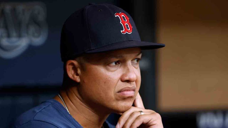 Boston Red Sox acting manager Will Venable watches from the dugout during the fourth inning of the team's baseball game agains the Tampa Bay Rays, April 24, 2022, in St. Petersburg, Fla (Scott Audette/AP)