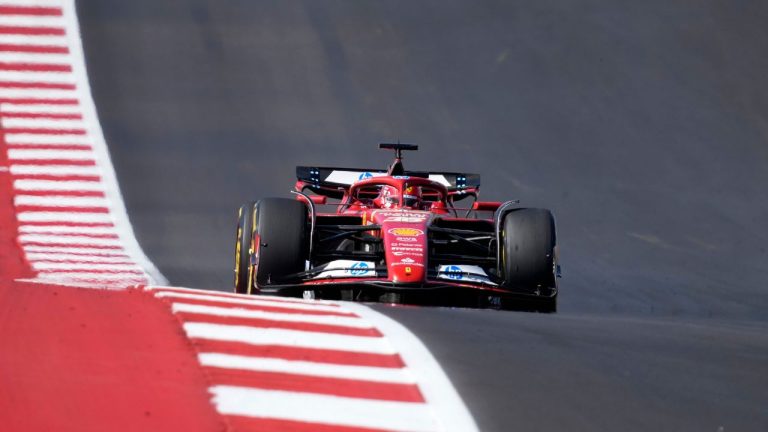 Ferrari driver Charles Leclerc, of Monaco, heads into Turn 1 during the U.S. Grand Prix auto race at Circuit of the Americas, Sunday, Oct. 20, 2024, in Austin, Texas. (Eric Gay/AP Photo)