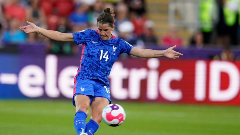 France's Charlotte Bilbault takes a shot during the Women Euro 2022 group D soccer match between France and Italy at New York Stadium in Rotherham, England, Sunday, July 10, 2022. (AP/Dave Thompson)