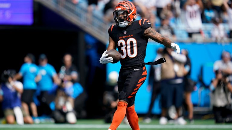 Cincinnati Bengals running back Chase Brown celebrates after scoring against the Carolina Panthers during the first half of an NFL football game, Sunday, Sept. 29, 2024, in Charlotte, N.C. (AP Photo/Erik Verduzco)