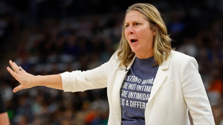 Minnesota Lynx head coach Coach Cheryl Reeve directs her team as they play the Phoenix Mercury in the first quarter of Game 2 of a WNBA basketball first-round playoff game, Wednesday, Sept. 25, 2024, in Minneapolis. (AP Photo/Bruce Kluckhohn)