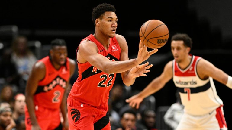 Toronto Raptors centre Ulrich Chomche (22) in action during the second half of an NBA preseason basketball game against the Washington Wizards, Friday, Oct. 11, 2024, in Washington. (Nick Wass/AP Photo)