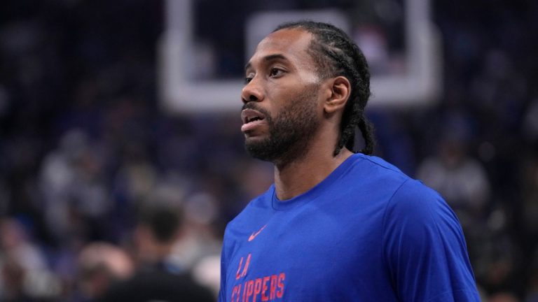 Los Angeles Clippers' Kawhi Leonard warms up before Game 2 of an NBA basketball first-round playoff series against the Dallas Mavericks in Dallas, Friday, April 26, 2024. (Tony Gutierrez/AP Photo)