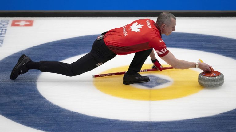 Canada's E.J. Harnden in action during their play against Scotland, in the Men's World Curling Championship, at the IWC Arena in Schaffhausen, Switzerland, Saturday, April 6, 2024. (Christian Beutler/Keystone via AP)