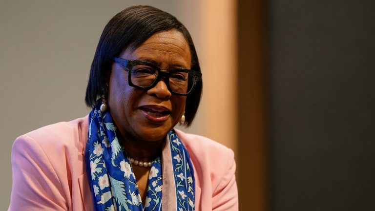 Dallas Mavericks CEO Cynt Marshall speaks during an NBA basketball availability, Friday, June 14, 2024, in Dallas, Texas. (AP/Sam Hodde)