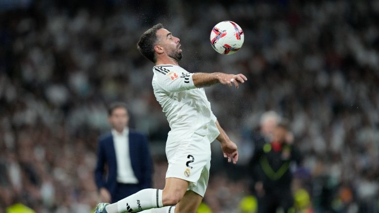 Real Madrid's Dani Carvajal receives the ball during the La Liga soccer match between Real Madrid and Villareal in Madrid, Spain, on Saturday, Oct. 5, 2024. (AP/Bernat Armangue)