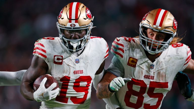 San Francisco 49ers wide receiver Deebo Samuel (19) runs into the end zone for a touchdown with tight end George Kittle (85) after making a catch during the third quarter of a NFL football game. (Rich Schultz)