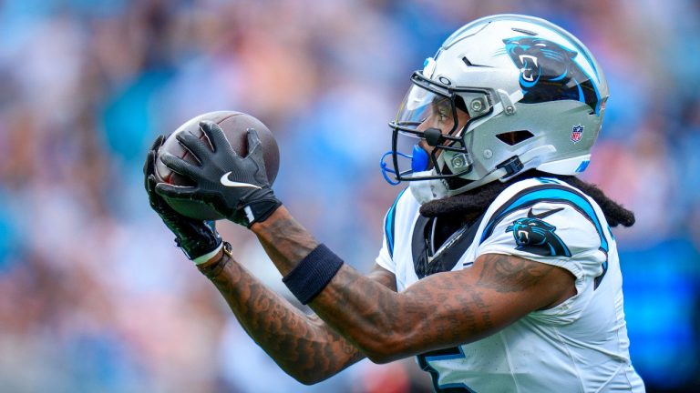 Carolina Panthers wide receiver Diontae Johnson (5) makes a reception during an NFL football game against the Cincinnati Bengals on Sunday, Sep. 29, 2024, in Charlotte, N.C. (AP/Rusty Jones)