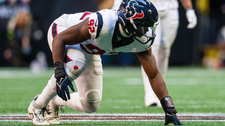 Houston Texans defensive end Dylan Horton (92) lines up during the first half of an NFL football game against the Atlanta Falcons, Sunday, Oct. 8, 2023, in Atlanta. (Danny Karnik/AP)