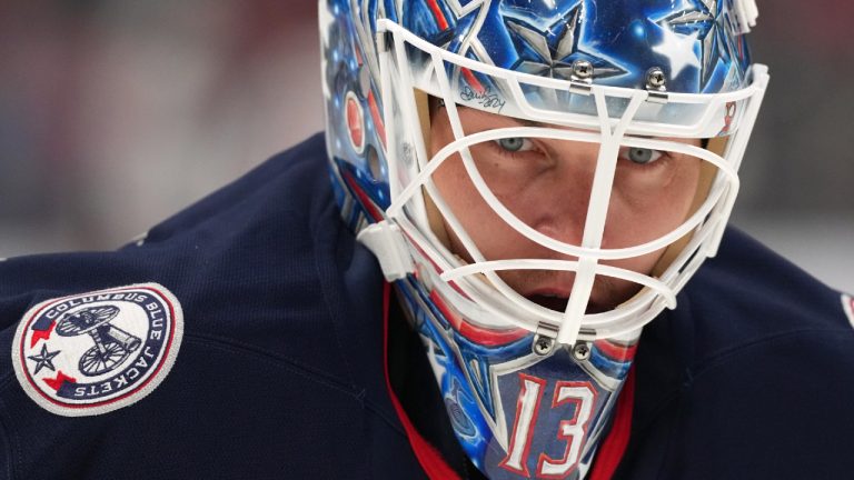 Elvis Merzlikins of the Columbus Blue Jackets looks on before a pre-season game against the Washington Capitals at Nationwide Arena on September 30, 2024 in Columbus, Ohio. (Jason Mowry/Getty Images)