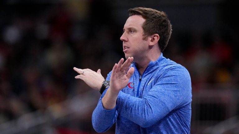 Washington Mystics head coach Eric Thibault signals to his team as they play against the Indiana Fever in the first half of a WNBA basketball game in Indianapolis, Wednesday, July 10, 2024. (AP/Michael Conroy)