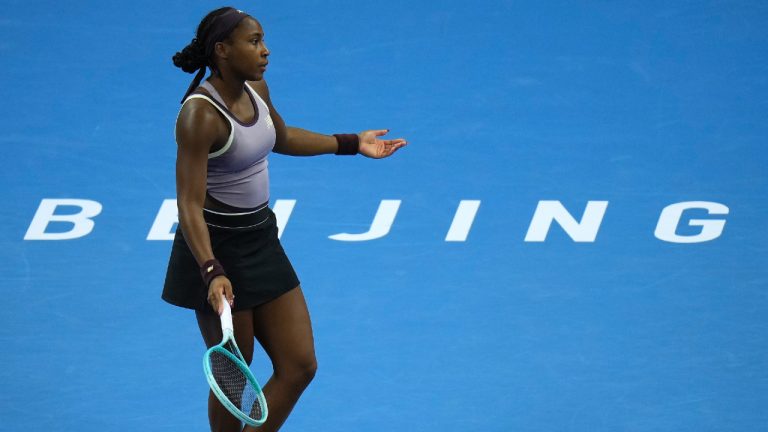 Coco Gauff of the United States reacts during the women's singles quarterfinals match against Yuliia Starodubtseva of Ukraine in the China Open tennis tournament, at the National Tennis Center in Beijing, Thursday, Oct. 3, 2024. (Andy Wong/AP)