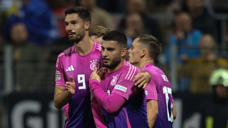 German players celebrate after a goal during the Nations League soccer match between Bosnia and Germany in Zenica, Bosnia and Herzegovina, on Friday, Oct. 11, 2024. (AP/Armin Durgut)