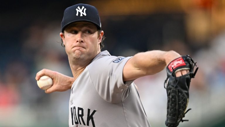 New York Yankees pitcher Gerrit Cole throws during the first inning of a baseball game against the Washington Nationals, Tuesday, Aug. 27, 2024, in Washington. (John McDonnell/AP)