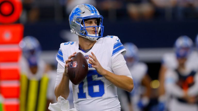 Detroit Lions quarterback Jared Goff prepares to throw a pass in the first half of an NFL football game against the Dallas Cowboys in Arlington, Texas, Sunday, Oct. 13, 2024. (Gareth Patterson/AP Photo)