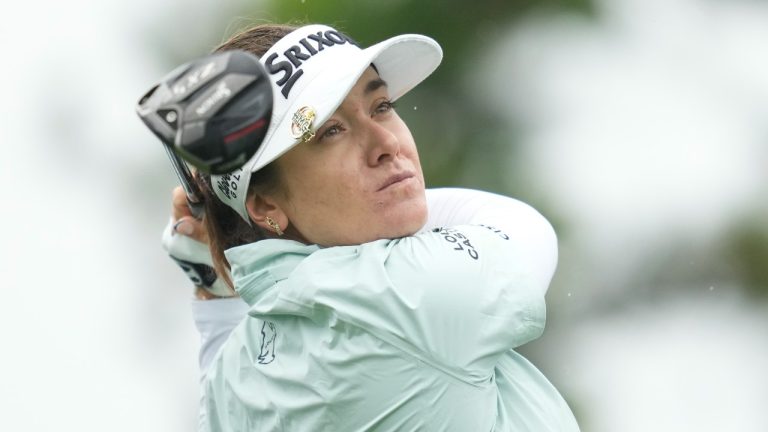 Hannah Green, of Australia watches her tee shot on the sixth hole during the second round of the LPGA Ladies Championship golf tournament at the Seowon Valley Country Club in Paju, South Korea, Friday, Oct. 18, 2024. (AP/Lee Jin-man)