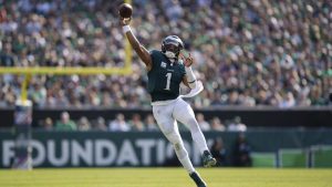 Philadelphia Eagles quarterback Jalen Hurts (1) passes the ball during the second half of an NFL football game against the Cleveland Browns on Sunday, Oct. 13, 2024, in Philadelphia. (Matt Rourke/AP Photo)
