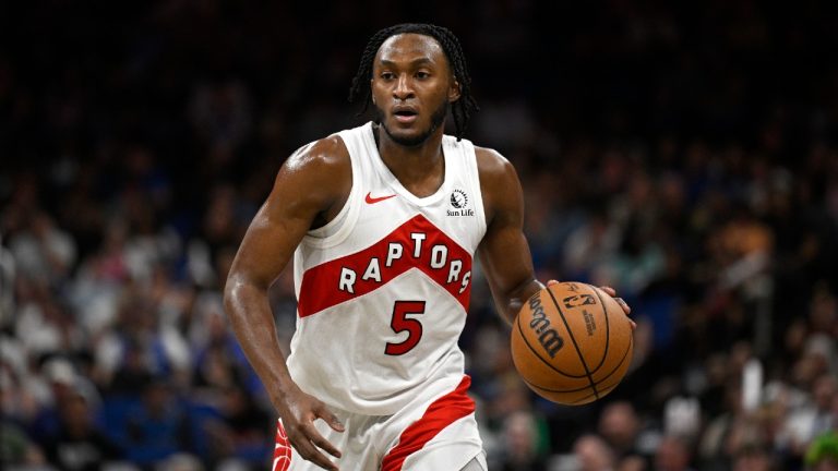 Toronto Raptors guard Immanuel Quickley (5) brings the ball up the court during the second half of an NBA basketball game against the Orlando Magic, Sunday, March 17, 2024, in Orlando, Fla. (Phelan M. Ebenhack/AP)