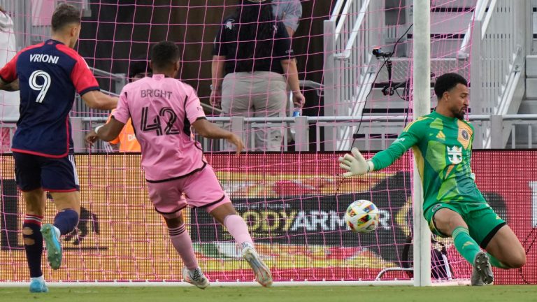 The ball gets past Inter Miami goalkeeper Drake Callender on a goal scored by New England Revolution forward Luca Langoni during the first half of an MLS soccer match, Saturday, Oct. 19, 2024, in Fort Lauderdale, Fla. (Lynne Sladky/AP)