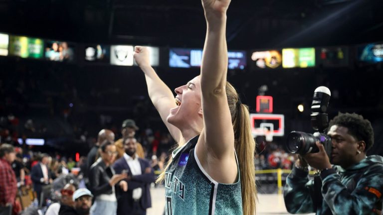 New York Liberty guard Sabrina Ionescu celebrates after her team's series clinching victory against the Las Vegas Aces during a WNBA Semifinal basketball game Sunday, Oct. 6, 2024, in Las Vegas. (Ian Maule/AP Photo)