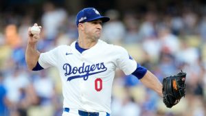 Los Angeles Dodgers pitcher Jack Flaherty throws to a San Diego Padres batter during the first inning in Game 2 of a baseball NL Division Series Sunday, Oct. 6, 2024, in Los Angeles. (Ashley Landis/AP)