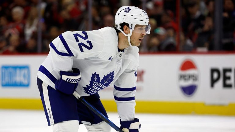 Toronto Maple Leafs' Jake McCabe (22) watches the puck against the Carolina Hurricanes during the third period of an NHL hockey game in Raleigh, N.C., Sunday, March 24, 2024. (Karl B DeBlaker/AP)