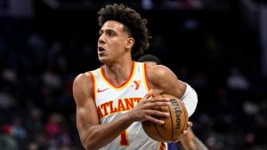 Atlanta Hawks forward Jalen Johnson (1) drives to the basket during the second half of an NBA basketball game against the Charlotte Hornets. (Matt Kelley/AP)