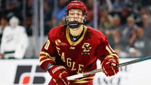 James Hagens of Boston College during a game between Boston College and Michigan State University at Munn Ice Arena on October 11, 2024 in East Lansing, Michigan. (Michael Miller/ISI Photos/Getty)