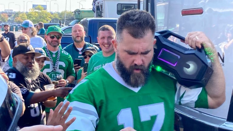 Retired Philadelphia Eagles center Jason Kelce greets fans at an impromptu appearance at a pregame tailgate party of an NFL football game between the Philadelphia Eagles and the Cleveland Browns, Sunday, Oct. 13, 2024 in Philadelphia. (AP/Dan Gelston)