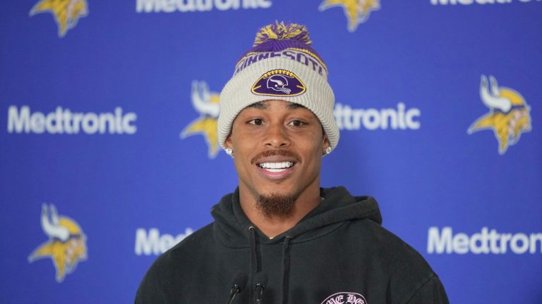 Minnesota Vikings wide receiver Justin Jefferson speaks during a news conference after NFL football practice at The Grove in Watford, England, Friday, Oct. 4, 2024. (Kin Cheung/AP Photo)